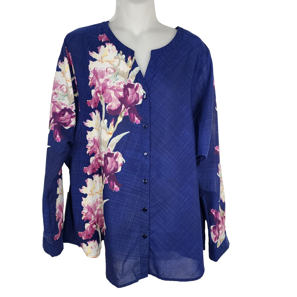 Chicos Shirt Womens Size 3 US XL Drama Floral Cutaway Neck Midnight Blue Button